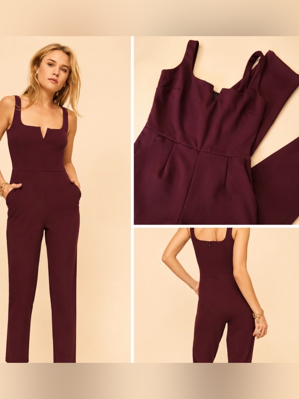 Dynamite Sleeveless Straight Leg Jumpsuit in Deep Cranberry / V-Wire Neckline - Picture 4 of 4